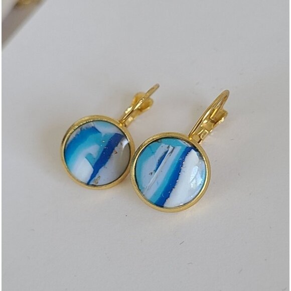 Hand Crafted Boho Gold Blue White Gemstone Marble Circle Drop Dangle Earrings - Picture 11 of 14